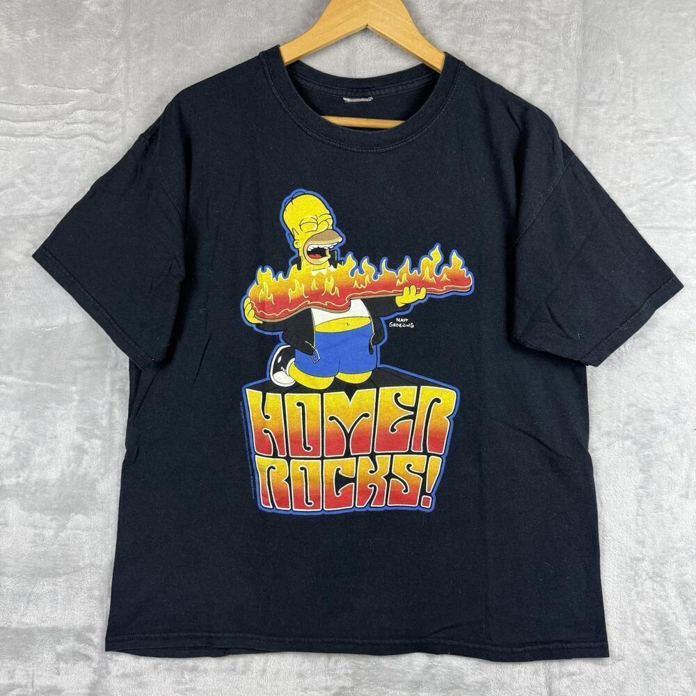 2009 The Simpsons Homer Rocks T-Shirt Black Flame Guitar Graphic Tee Size L Y2K